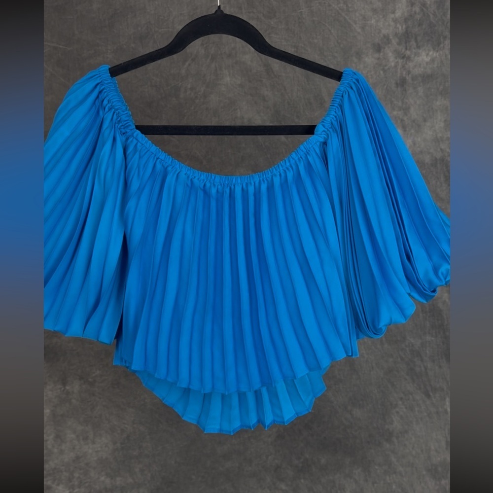 Express Off-the-Shoulder Accordion Pleated Crop Blouse / Light Blue / S - Picture 4 of 9